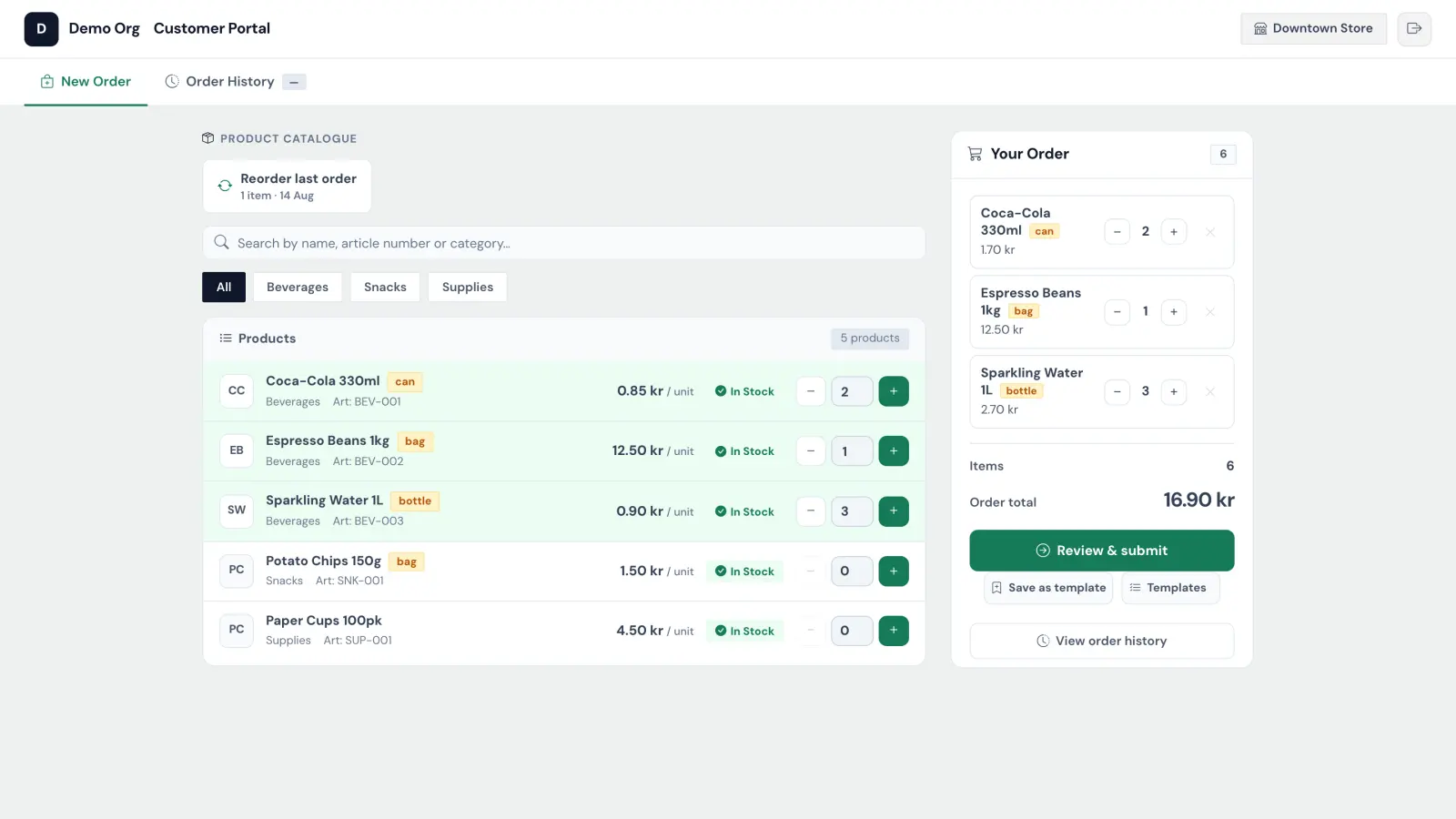 The customer portal: a branch builds an order from the catalogue, with stock status, prices and a running basket.