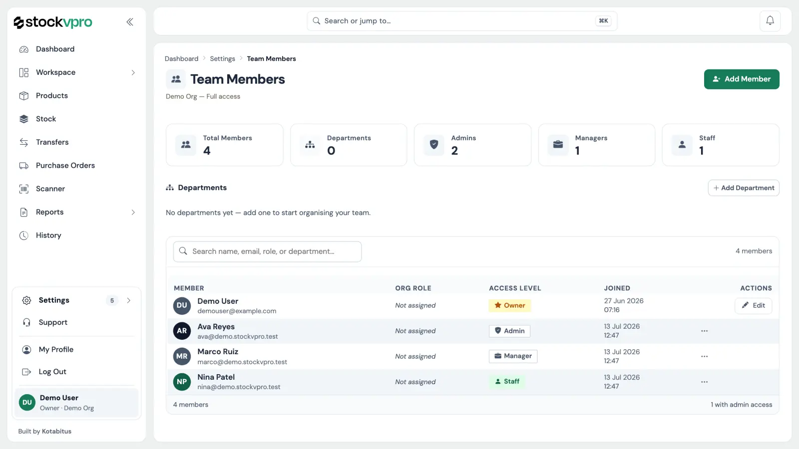 The Team screen: members with their access level (owner, admin, manager, staff) and when they joined.